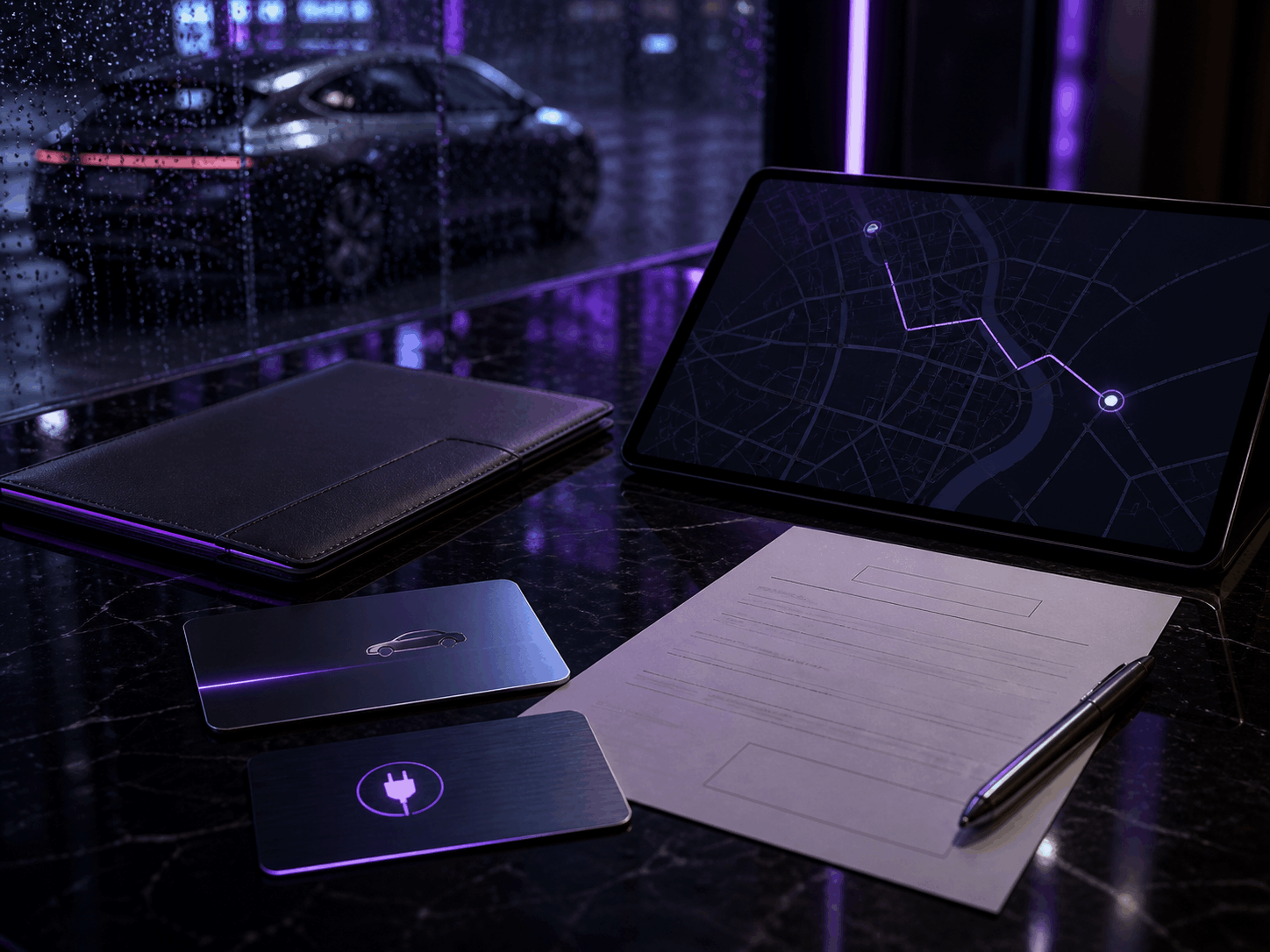 Electric car dashboard, key card and neon route display in violet cyberpunk lighting