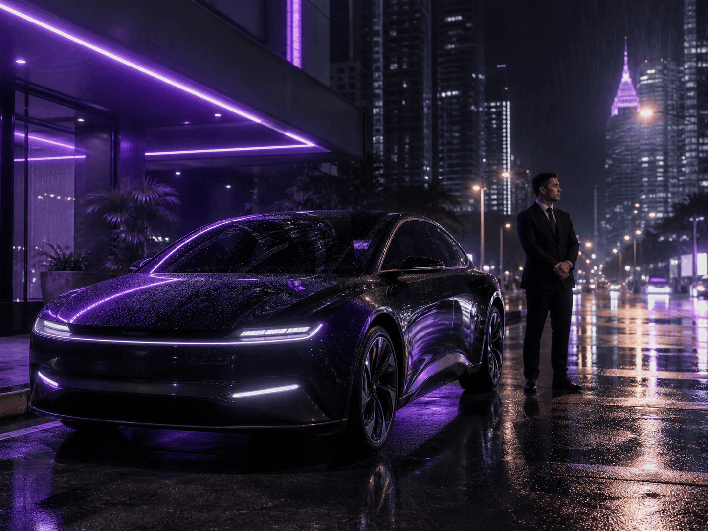 Electric rental car on a rainy neon street in Kuala Lumpur at night