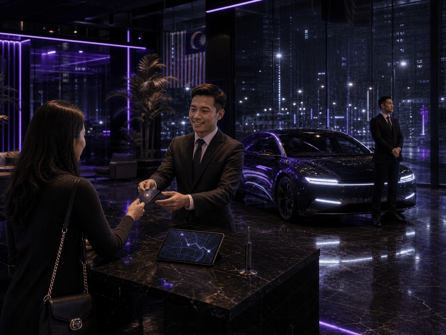 Customer receiving electric car keys from a driver in a neon-lit rental showroom